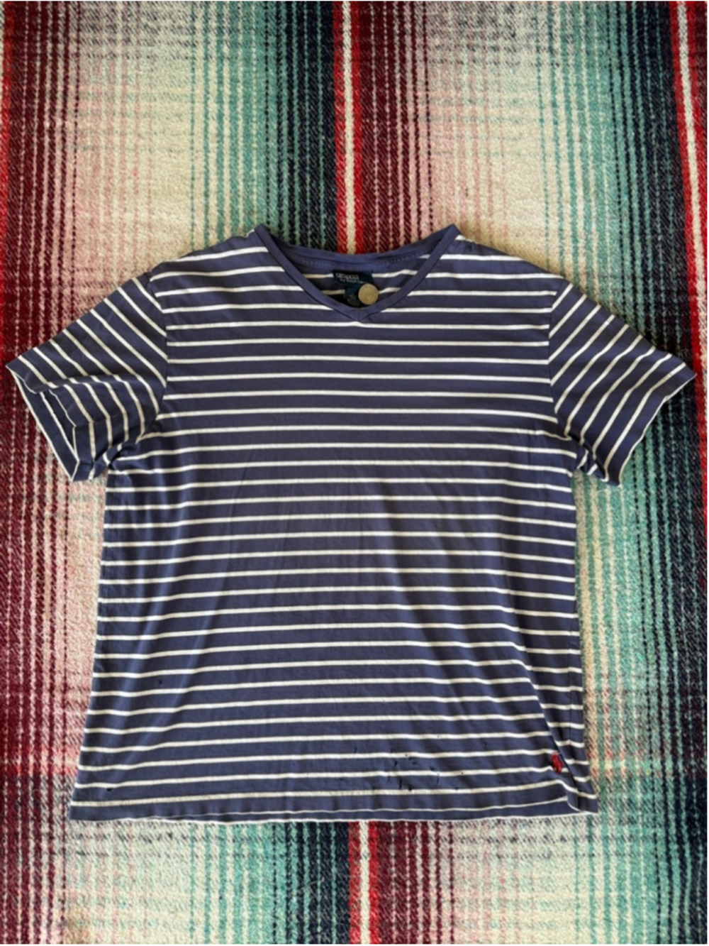 Vintage Polo Ralph Lauren Blue White Striped V-Neck Tee L